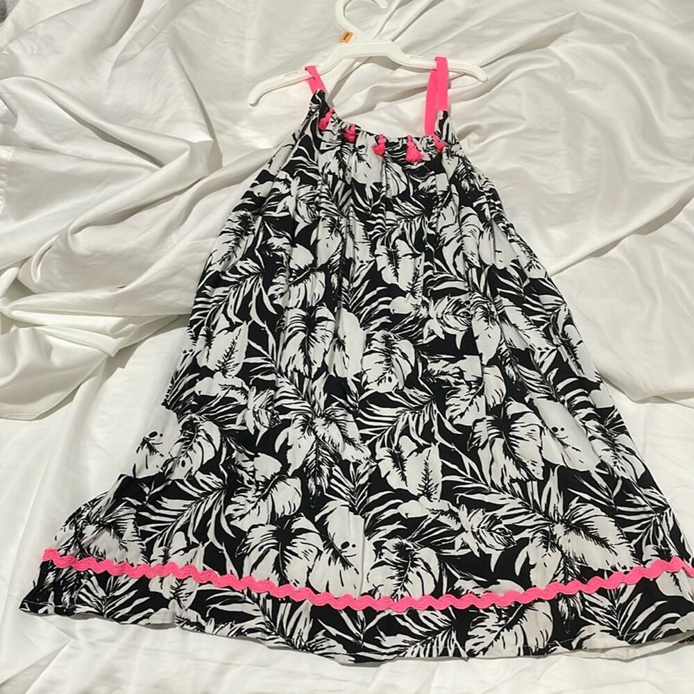 Tommy Bahama 5 black floral tank dress with tassels and bow in hot pink euc
